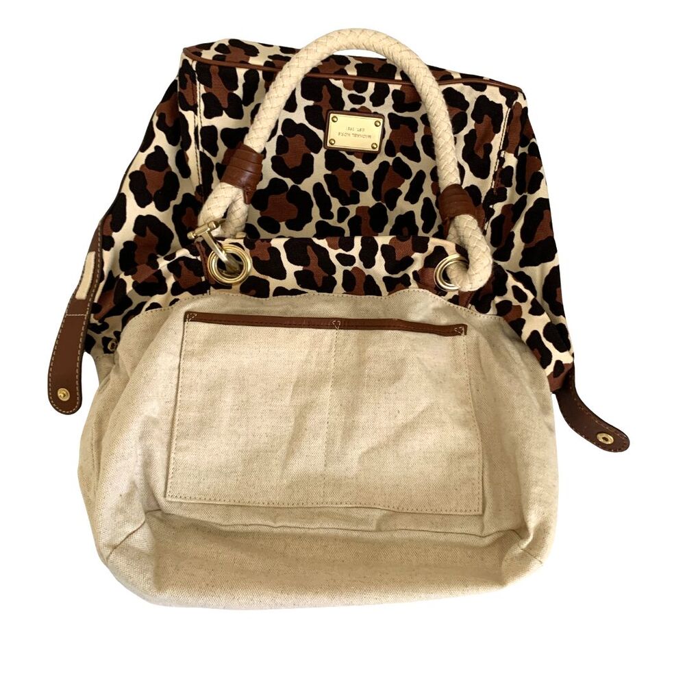 Michael Kors Leopard Print Canvas Shoulder Bag Braided Rope Handle Purse - Picture 6 of 12